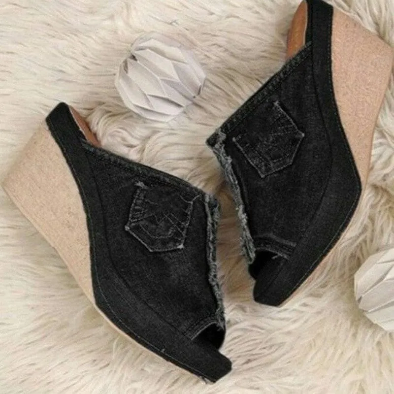 Women's Denim Sandals Waterproof Platform Shoes