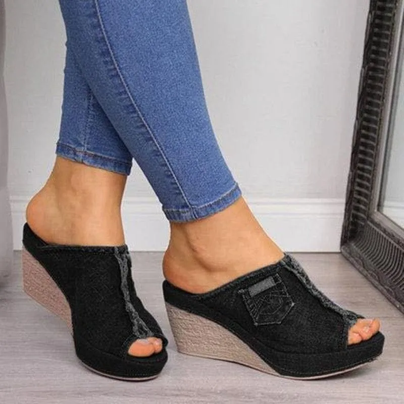Women's Denim Sandals Waterproof Platform Shoes