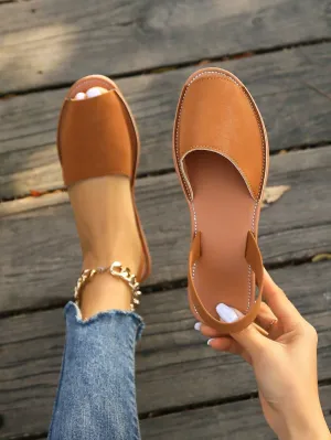 Women's Fishmouth Buckle Decoration Flat Sandals With Rubber Sole, Comfortable Casual Vacation Style, Brown Leather